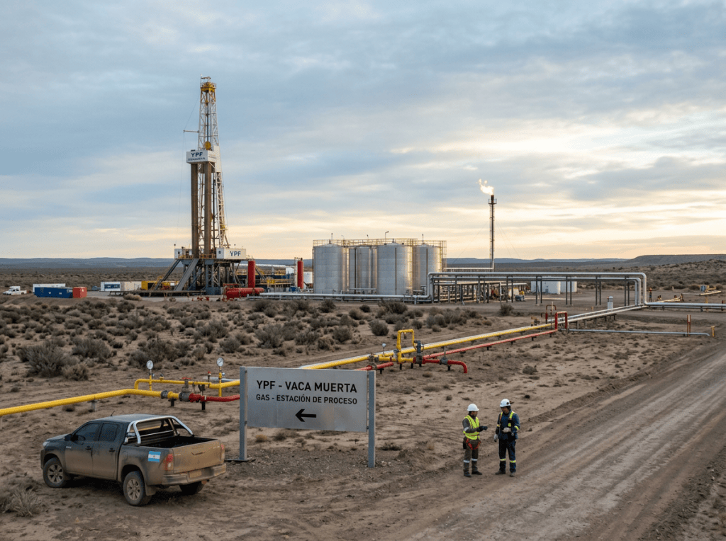 YPF Vaca Muerta gas processing station with workers, pipelines, tanks, and drilling rig