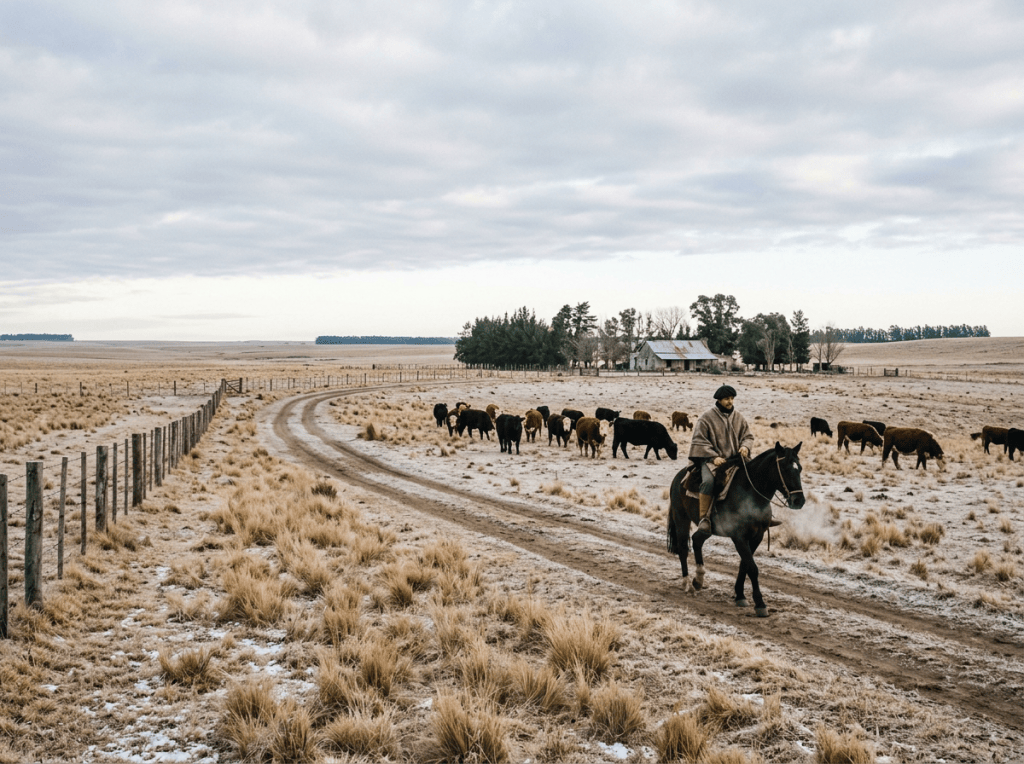 Rider on horseback herding cattle across a frosty grassland