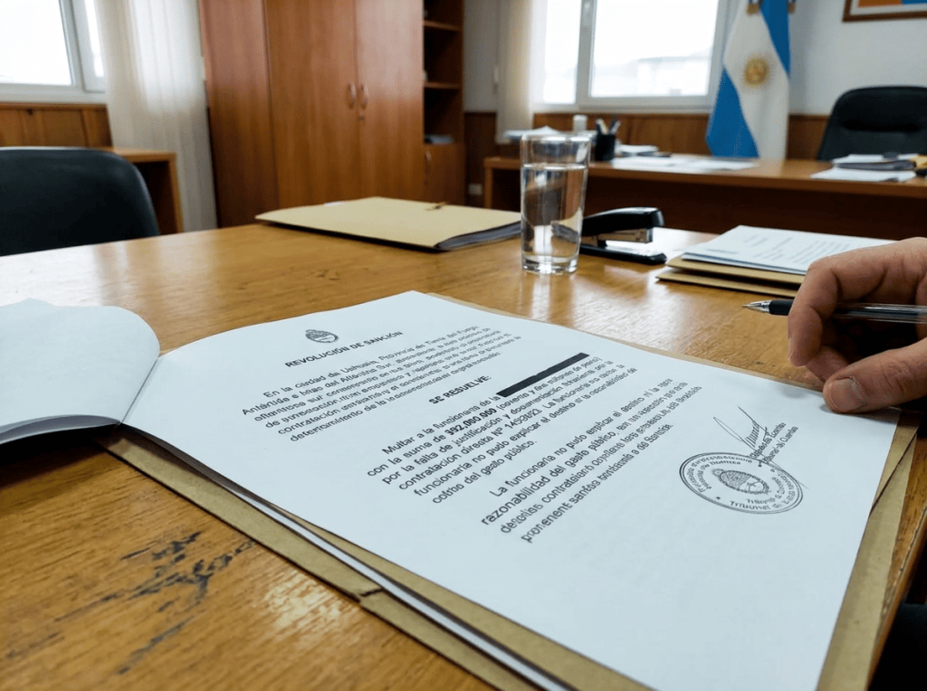 Spanish civic document signed on a desk beside an Argentine flag