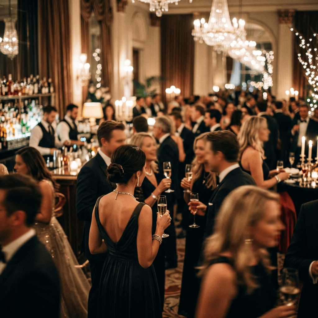 Guests mingling with champagne at an elegant gala reception