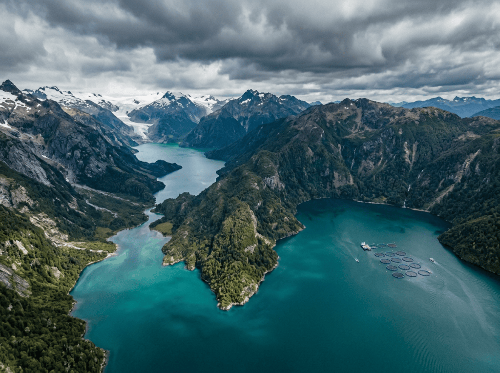 Turquoise fjords winding through forested mountains beneath cloudy snowy peaks